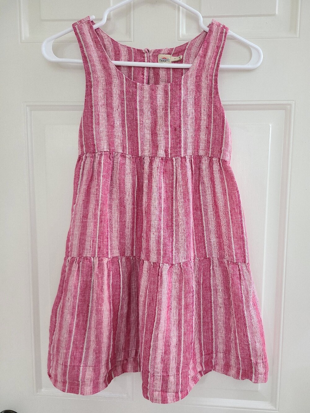 Faherty Girls Linen Dress Pink White Striped Size 8 Sleeveless EUC!